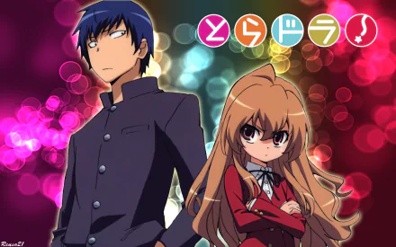 HD anime desktop wallpaper featuring Ryuuji Takasu and Taiga Aisaka from Toradora! with vibrant bokeh background and colorful Toradora! logo.
