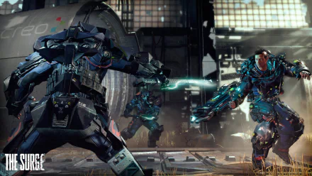 HD PC desktop wallpaper and background for the video game The Surge: armored exosuit soldiers clash with glowing energy blades amid a gritty, industrial factory battleground.