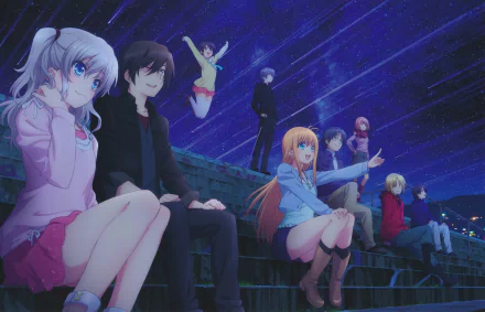 HD desktop wallpaper featuring characters from the anime Charlotte with white-haired girl in foreground; they are sitting and standing on steps under a starry night sky.