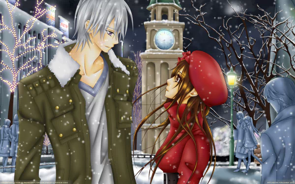 Winter scene from the anime Vampire Knight featuring Zero Kiryu and Yuki Kuran (Yuki Cross) amidst falling snow, detailed in an HD PC desktop wallpaper style.