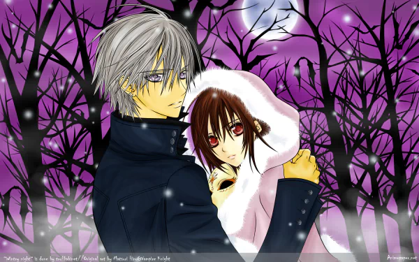 HD anime wallpaper featuring Zero Kiryu and Yuki Kuran/Yuki Cross from Vampire Knight at night, with snow falling under a full moon amidst dark, leafless trees.