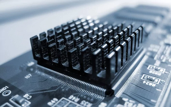 Close-up image of a heat sink on a computer motherboard, showcasing intricate hardware details. This HD wallpaper emphasizes the technological sophistication of modern computing equipment.