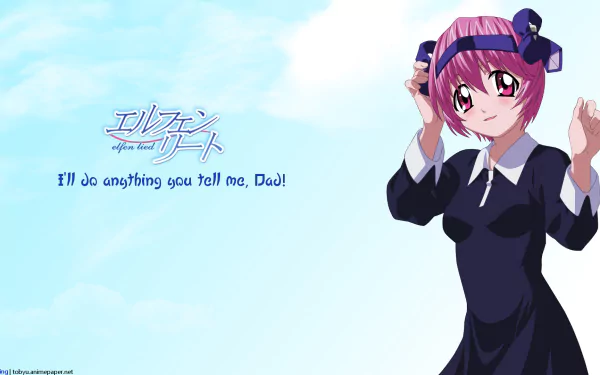 HD PC desktop wallpaper of Nana from Elfen Lied: pink-haired Nana in a black school uniform and headband against a soft blue sky, with text I'll do anything you tell me, Doc!