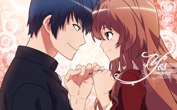 HD wallpaper featuring Taiga Aisaka and Ryuuji Takasu from the anime Toradora! The image captures their charming bond with a romantic background and playful pink hues.