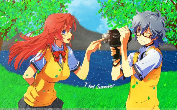 HD anime desktop wallpaper featuring Kaito Kirishima and Ichika Takatsuki from Waiting in the Summer, with vibrant colors and a scenic lakeside background.