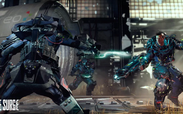 HD PC desktop wallpaper and background for the video game The Surge: armored exosuit soldiers clash with glowing energy blades amid a gritty, industrial factory battleground.