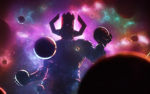 A stunning HD desktop wallpaper featuring Galactus in a vibrant cosmic background, surrounded by planets and galaxies, capturing the essence of space-themed comic art.