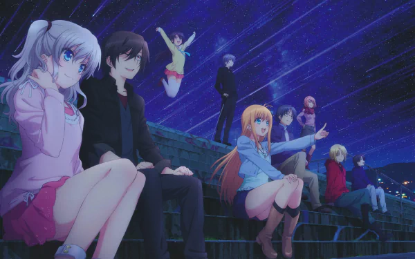 HD desktop wallpaper featuring characters from the anime Charlotte with white-haired girl in foreground; they are sitting and standing on steps under a starry night sky.