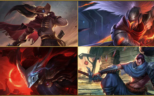 HD desktop wallpaper featuring Yasuo from League of Legends in various dynamic poses and settings, showcasing different in-game outfits and environments.