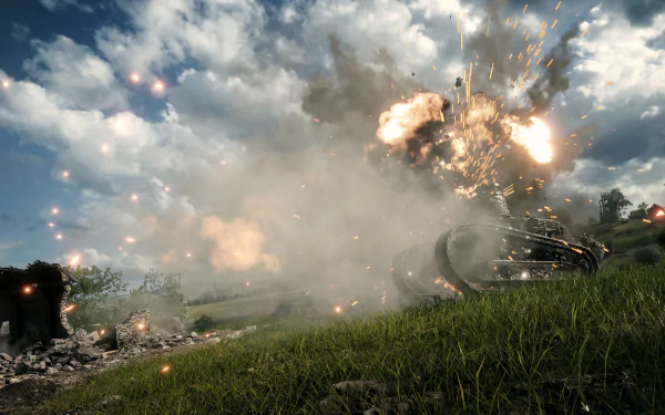 A 4K Ultra HD Battlefield 1 PC wallpaper captures a tank engulfed in a massive explosion on a grassy battlefield under a cloudy sky.