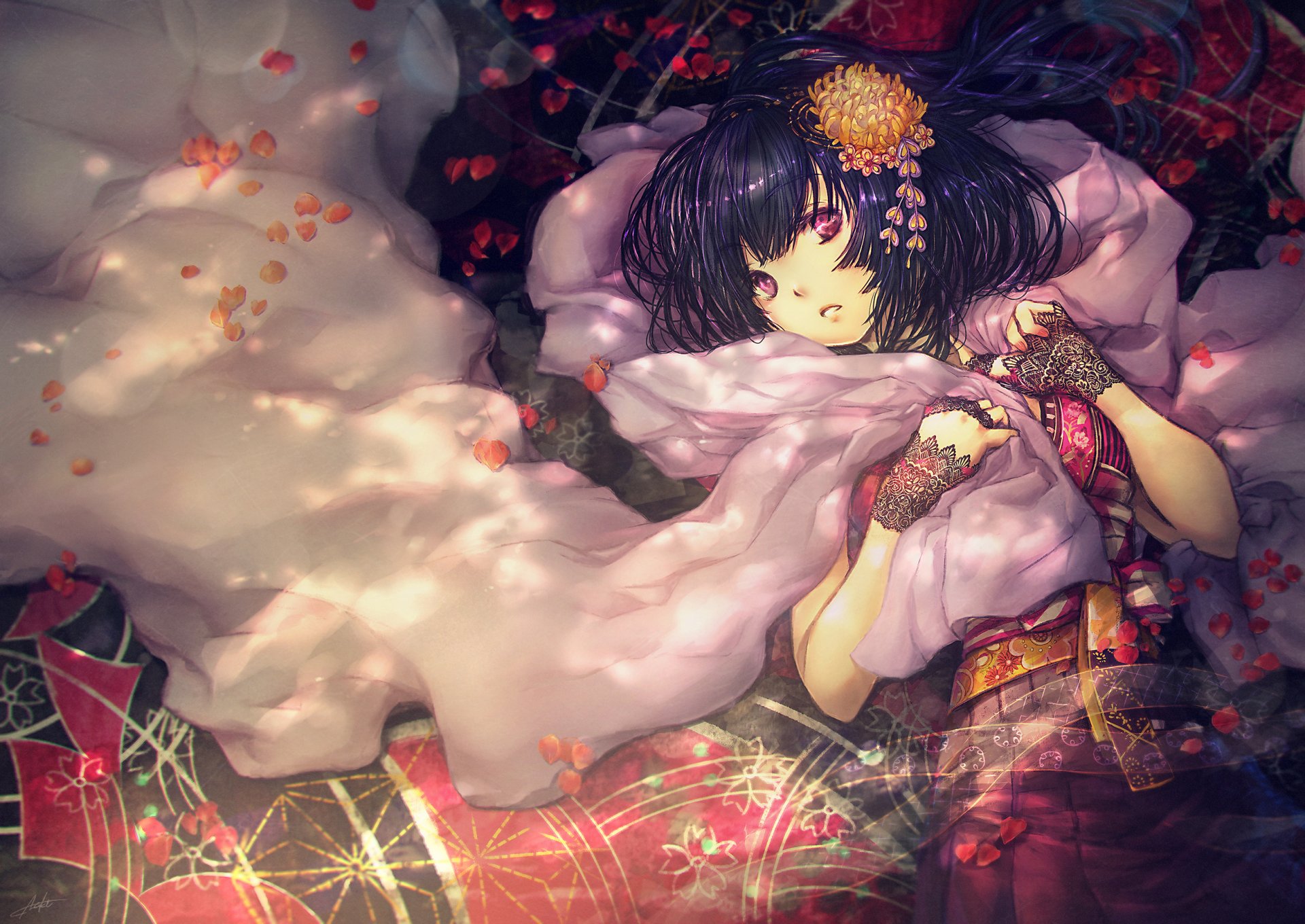 A captivating original anime wallpaper featuring a girl draped in elegant fabrics, adorned with flowers, set against a backdrop of intricate patterns and soft petals.