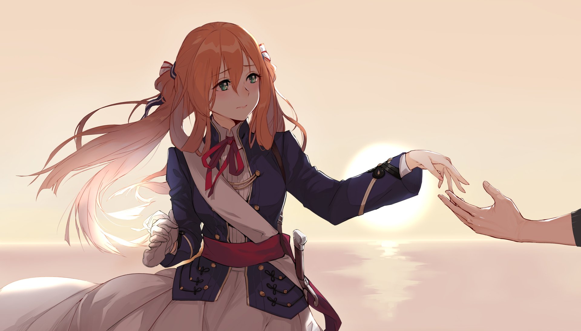 An HD wallpaper featuring Springfield from the video game Girls Frontline, elegantly reaching out toward a hand against a serene sunset backdrop.