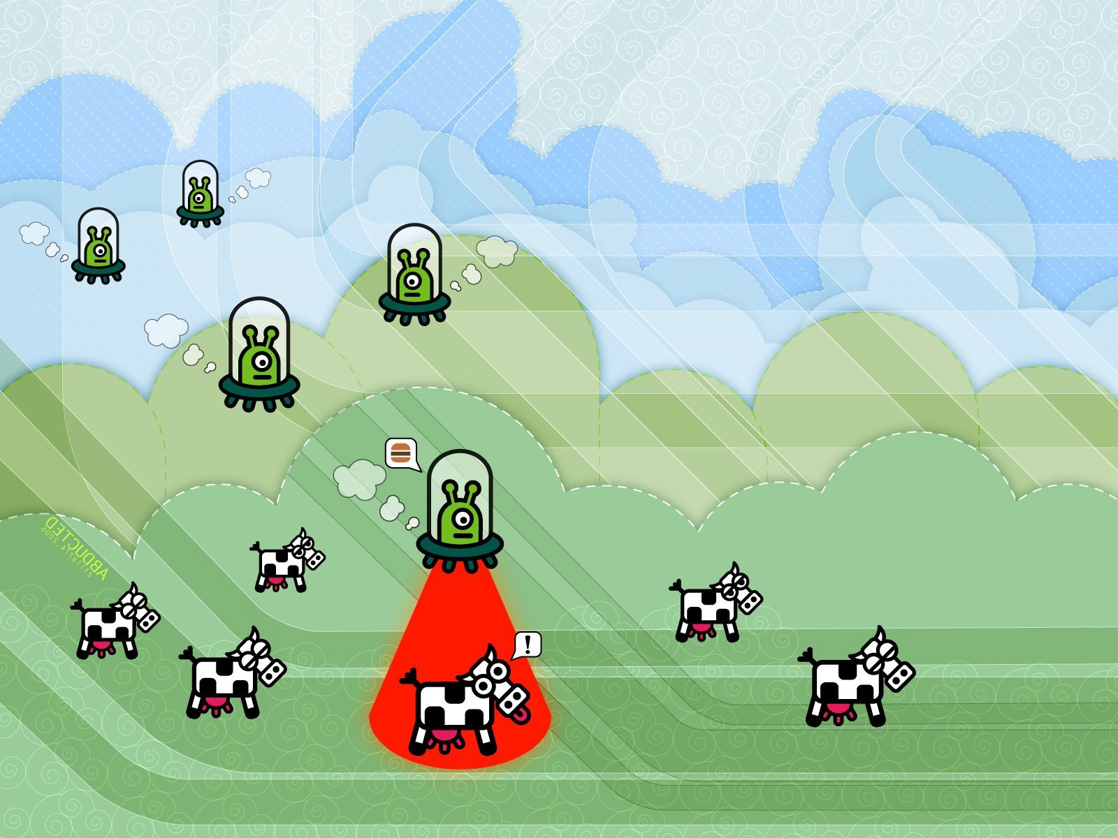 Funny HD PC desktop wallpaper showing cartoon aliens beaming up cows on a green pasture with blue sky and fluffy clouds in the background.