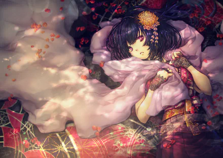 A captivating original anime wallpaper featuring a girl draped in elegant fabrics, adorned with flowers, set against a backdrop of intricate patterns and soft petals.