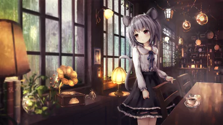 A serene HD desktop wallpaper featuring Nazrin from Touhou, set in a cozy café with warm lighting, showcasing intricate details and a tranquil atmosphere.