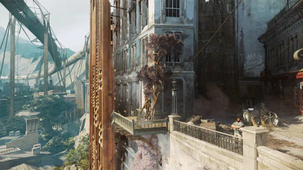 HD PC desktop wallpaper showcasing a detailed cityscape from the video game Dishonored 2, featuring towering buildings and a complex urban environment.