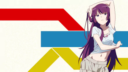 Hitagi Senjōgahara from the Monogatari Series in a 4K Ultra HD anime desktop wallpaper with bold red, blue, and yellow geometric lines.