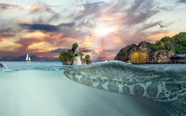 A 4K Ultra HD fantasy PC wallpaper featuring an island with a waterfall, a surfer on the ocean, and a giant, mythical crocodile beneath the water.