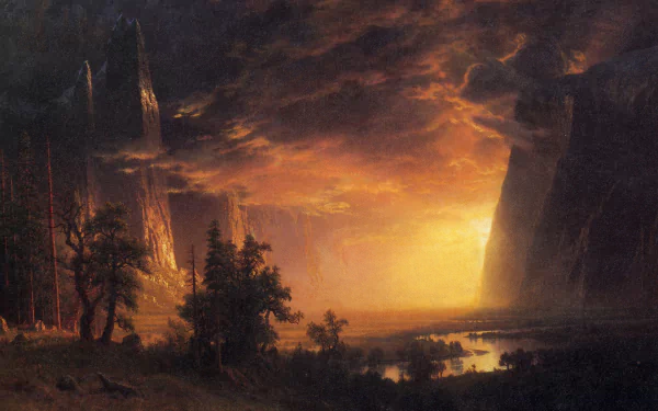 A dramatic, artistic HD painting of Yosemite National Park's valley with a river, towering cliffs, mountains, and glowing clouds at sunset.