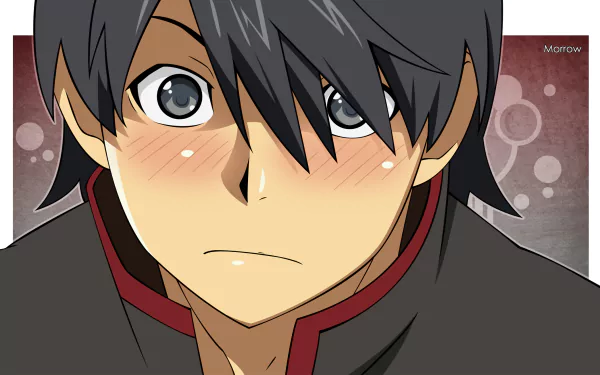 Close-up HD PC desktop wallpaper of Koyomi Araragi from the Monogatari anime: blushing with a shy expression, dark hair, school uniform with red trim against a soft bokeh background.