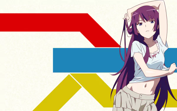 Hitagi Senjōgahara from the Monogatari Series in a 4K Ultra HD anime desktop wallpaper with bold red, blue, and yellow geometric lines.