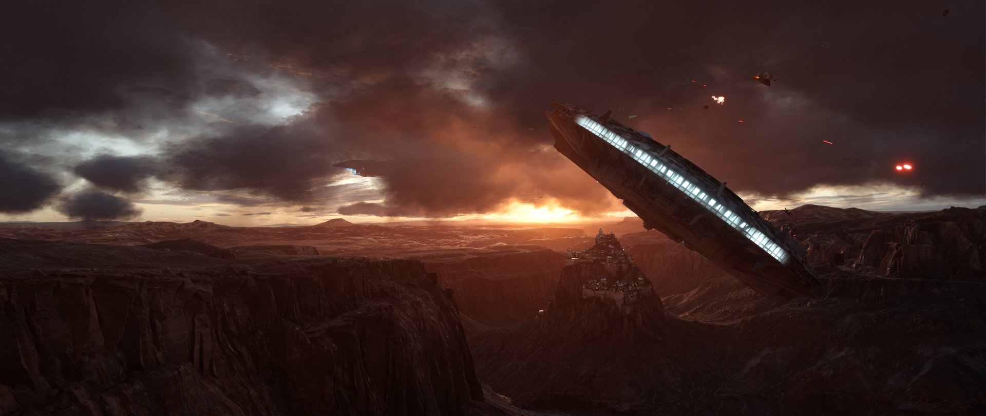 HD PC desktop wallpaper featuring the Millennium Falcon from the video game Star Wars Battlefront (2015) flying over a dramatic, fiery landscape at sunset.