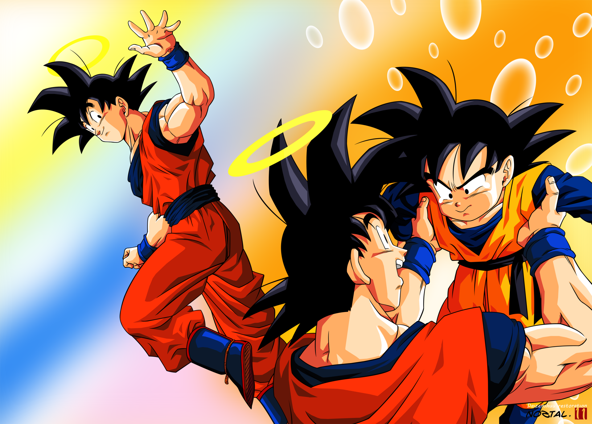 Vibrant HD wallpaper featuring Goku from Dragon Ball Z, showcasing his iconic pose and energy, surrounded by colorful bubbles and dynamic backgrounds.