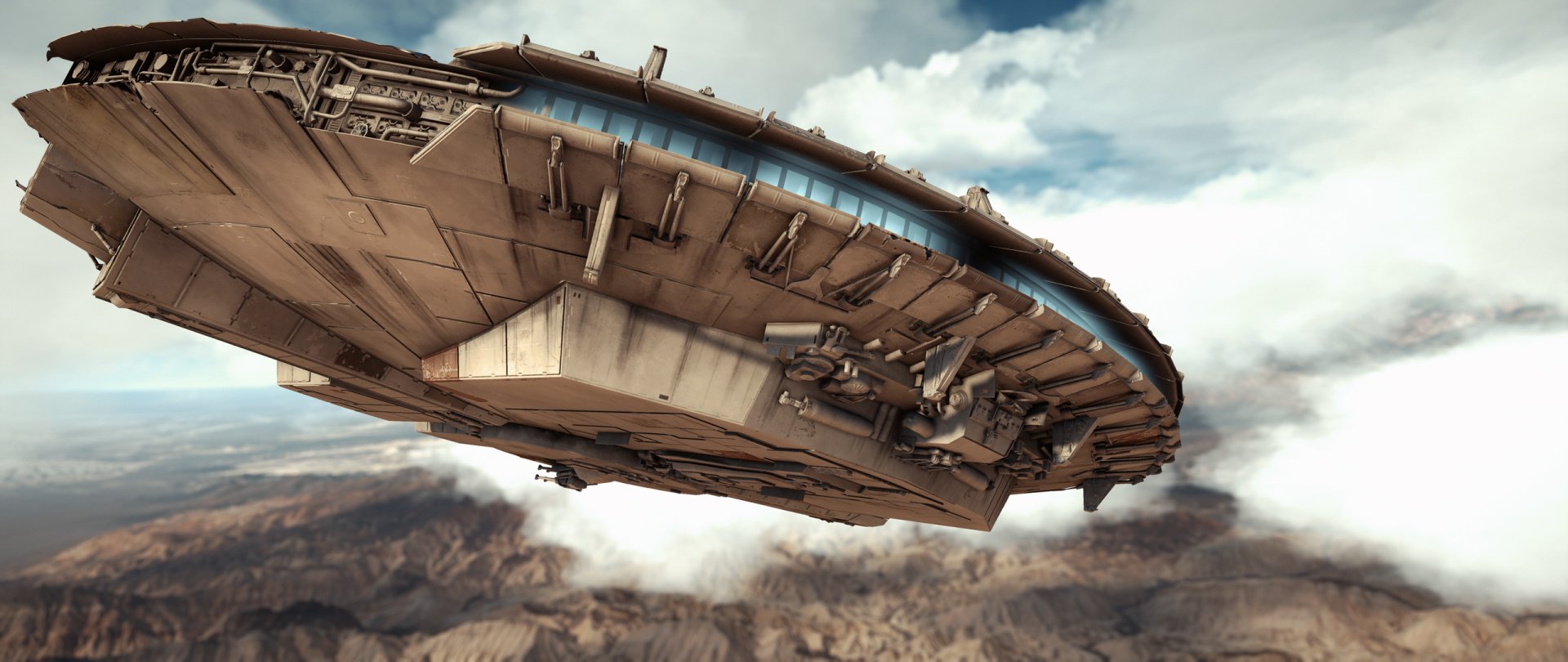 HD PC desktop wallpaper featuring the Millennium Falcon from the video game Star Wars Battlefront (2015) soaring above a rugged, desert-like landscape under a cloudy sky.