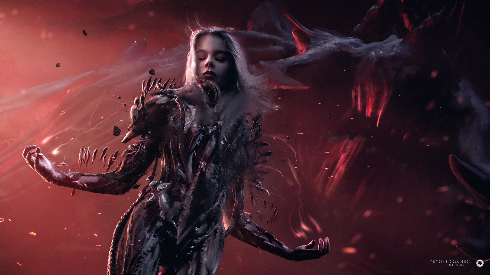 A sci-fi woman enveloped in dark, organic armor stands against a fiery red background, creating a dramatic HD PC desktop wallpaper.