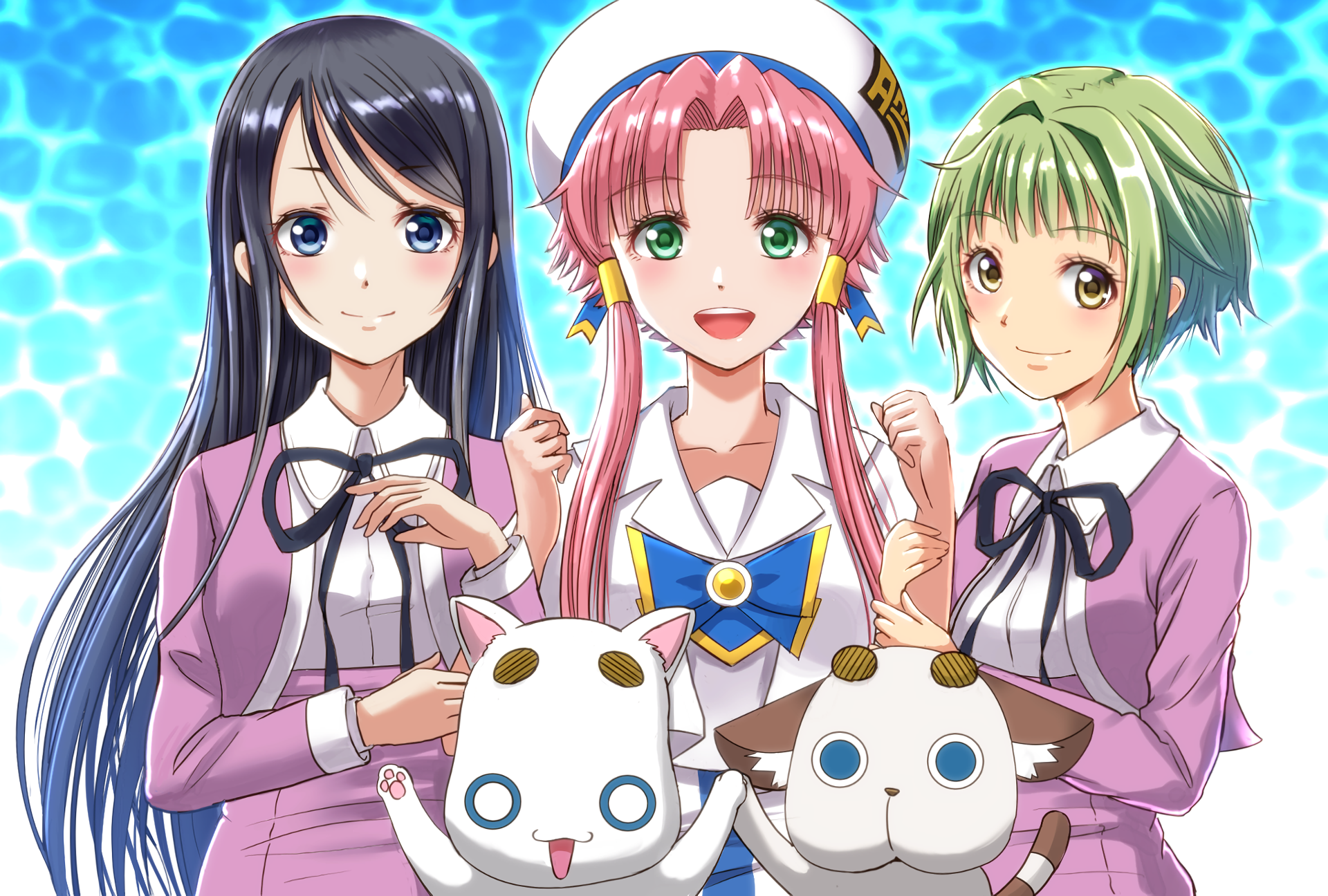 HD anime desktop wallpaper featuring Futaba Ooki from Amanchu!, Akari Mizunashi and Hikari Kohinata from Aria, along with Aria Pokoteng in a vibrant underwater-themed crossover.