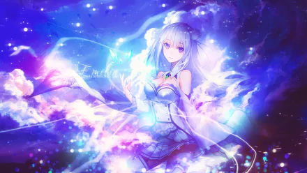 HD desktop wallpaper featuring Emilia from the anime Re:Zero - Starting Life in Another World, surrounded by a vibrant, magical backdrop.