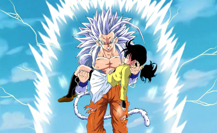 An HD desktop wallpaper featuring characters from Dragon Ball Z, showcasing a heroic figure with striking white hair carrying a companion against a backdrop of dynamic lightning effects.