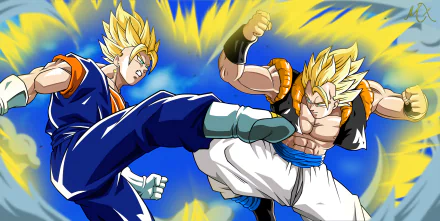 HD wallpaper featuring Goku in Super Saiyan 2, showcasing an intense clash in anime style from Dragon Ball Z. Bright colors and dynamic action highlight the epic moment.