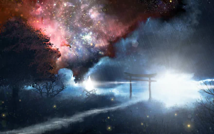HD desktop wallpaper featuring an anime-style original artwork of a starry night sky with colorful cosmic clouds, trees, a pathway leading to a Torii gate, and glowing fireflies.
