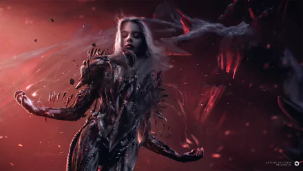 A sci-fi woman enveloped in dark, organic armor stands against a fiery red background, creating a dramatic HD PC desktop wallpaper.