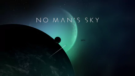 HD desktop wallpaper and background from the video game No Man's Sky, featuring a dark planet, a satellite, and a distant green planet against a starry space backdrop.