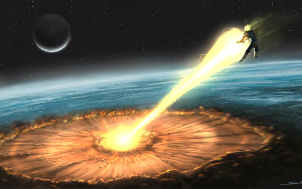 HD desktop wallpaper of Vegeta from Dragon Ball Z, capturing a dramatic moment as he launches a powerful energy blast down to Earth from space with the moon visible in the background.