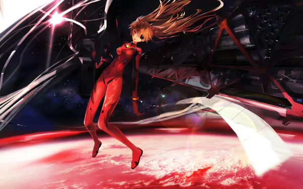 Asuka Langley Sohryu from Evangelion: 3.0 You Can (Not) Redo depicted in a vibrant 4K Ultra HD anime wallpaper, showcasing her dynamic pose against a cosmic background.