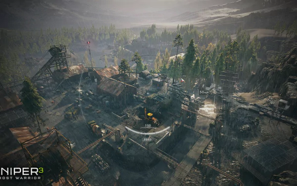 HD PC desktop wallpaper featuring a detailed tactical landscape from the video game Sniper: Ghost Warrior 3, showcasing a military outpost surrounded by forest and mountains.