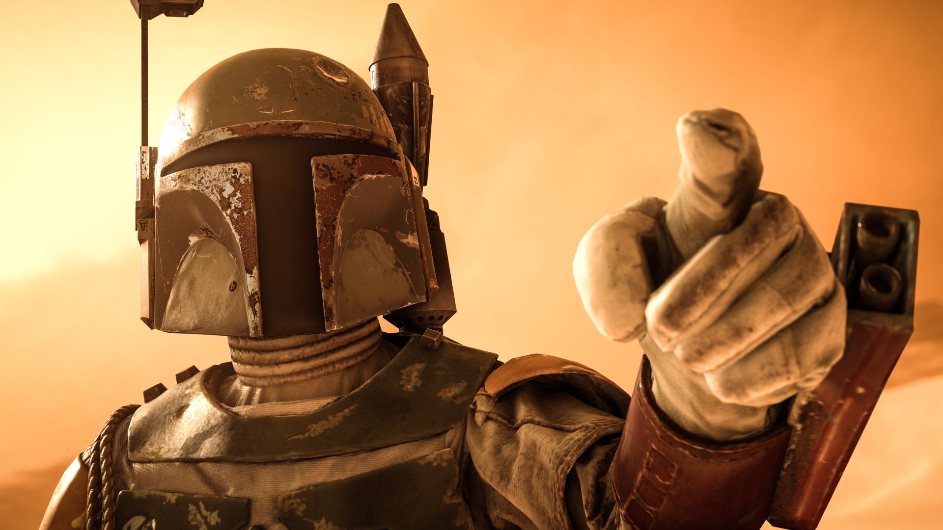 HD PC desktop wallpaper featuring Boba Fett from the Star Wars Battlefront (2015) video game, showcasing the iconic bounty hunter in detailed armor against a warm background.