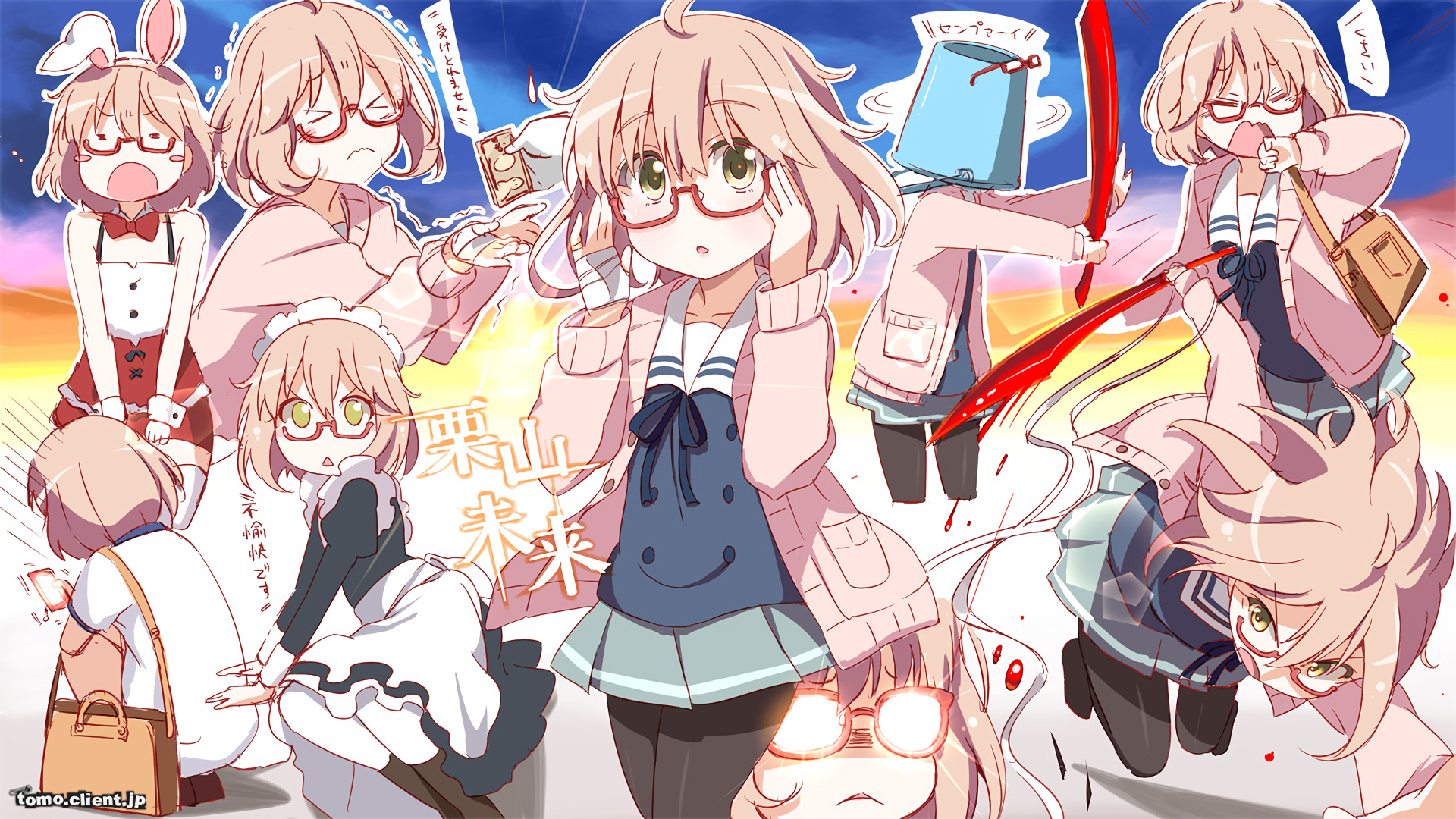 A vibrant HD wallpaper featuring Mirai Kuriyama from the anime Beyond the Boundary, showcasing her in various dynamic poses and expressions, combining action and charm.