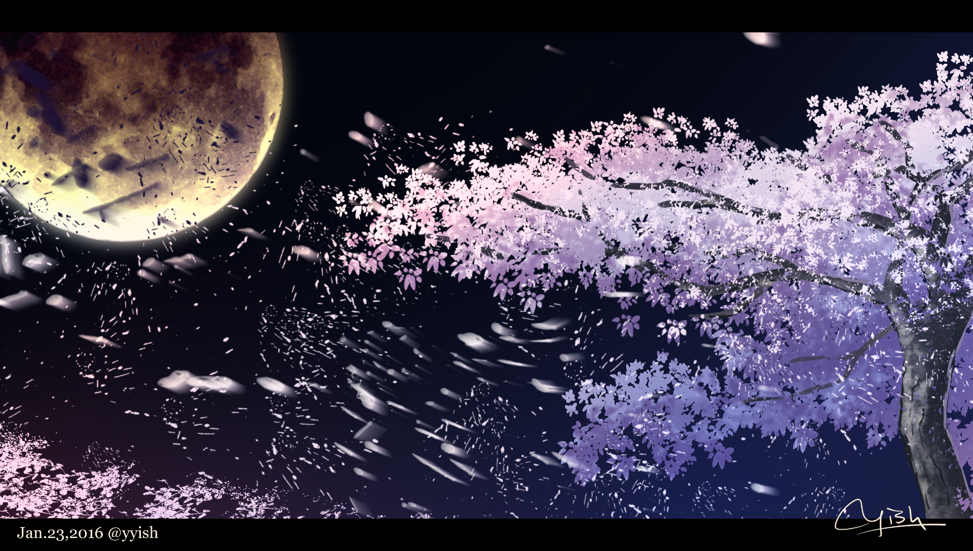 HD anime desktop wallpaper featuring a large moon and a blooming tree with pink and purple flowers against a dark night sky with falling petals.
