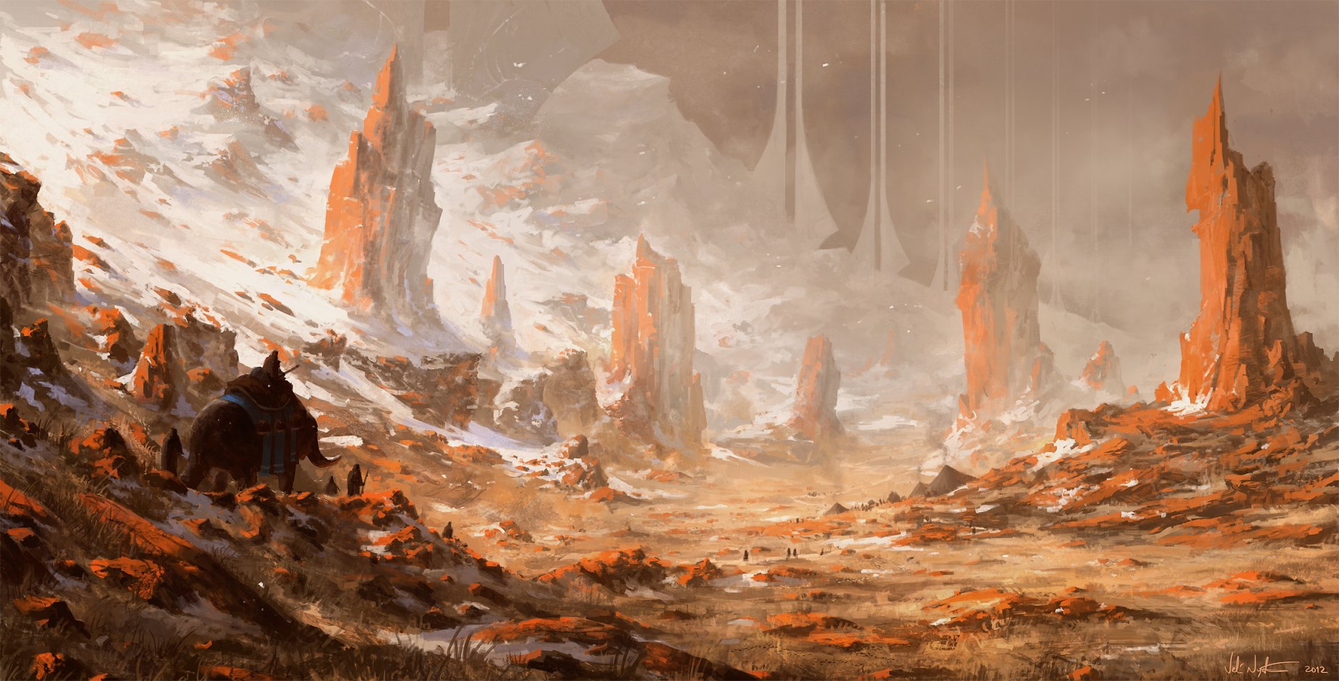 A fantasy landscape featuring towering rocky spires and scattered people amid a vast, rugged terrain, rendered in high detail for an HD PC desktop wallpaper.