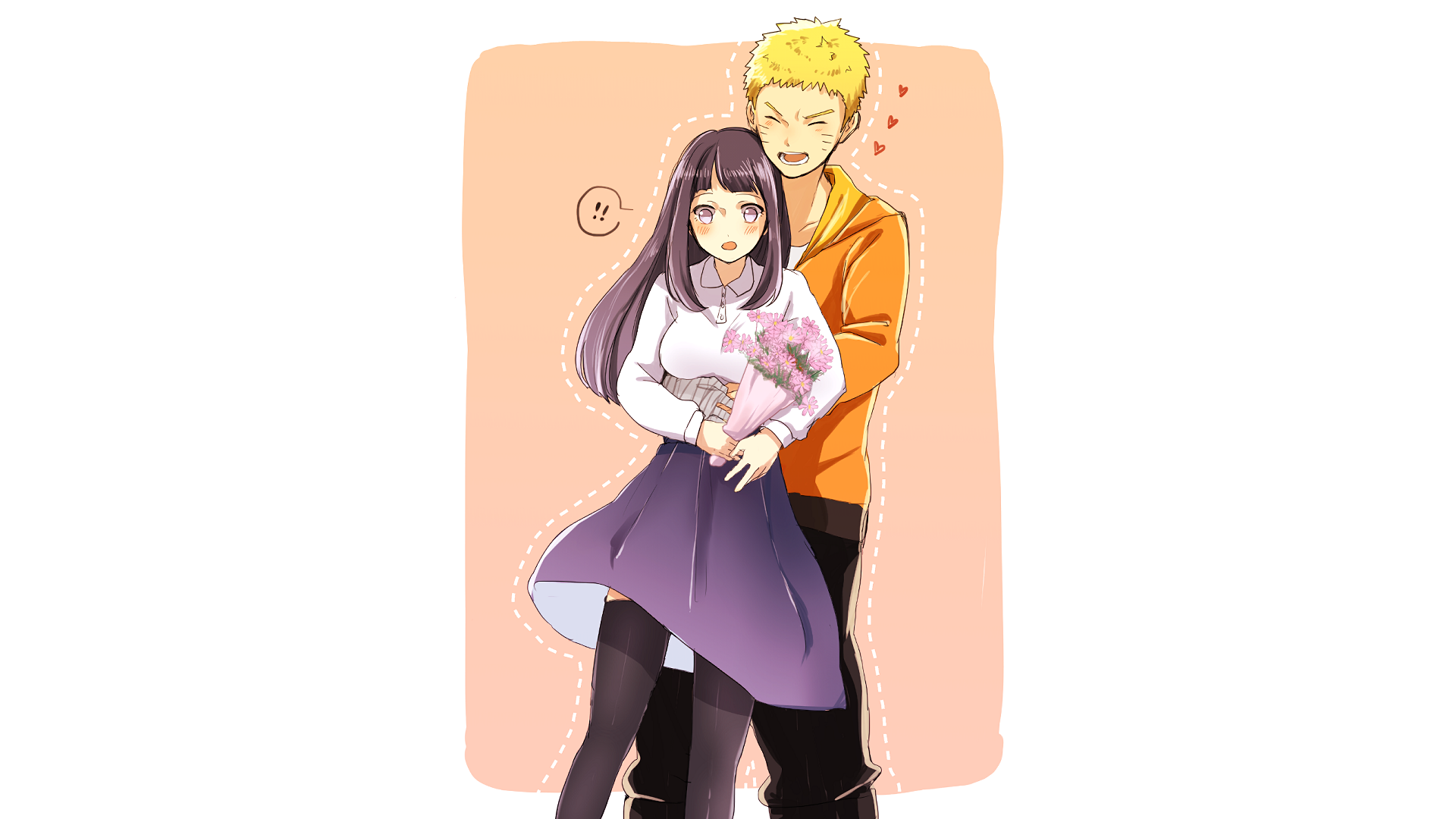Naruto Uzumaki and Hinata Hyuga share a sweet moment in this HD anime wallpaper, showcasing their affection with a bouquet of flowers amidst a charming backdrop.