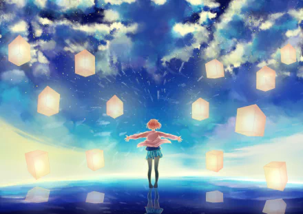 Mirai Kuriyama from Beyond the Boundary stands in a vibrant, ethereal landscape, surrounded by glowing lanterns and a stunning blue sky, creating a captivating anime scene.