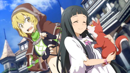 A vibrant 4K Ultra HD wallpaper featuring Argo and Yui from Sword Art Online, showcasing their playful expressions and a cute fox in a colorful anime backdrop.