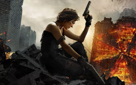 HD wallpaper featuring Milla Jovovich in Resident Evil: The Final Chapter amidst a fiery, post-apocalyptic cityscape, holding a gun and seated on a pile of rubble.