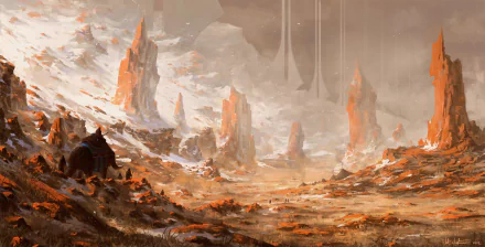 A fantasy landscape featuring towering rocky spires and scattered people amid a vast, rugged terrain, rendered in high detail for an HD PC desktop wallpaper.