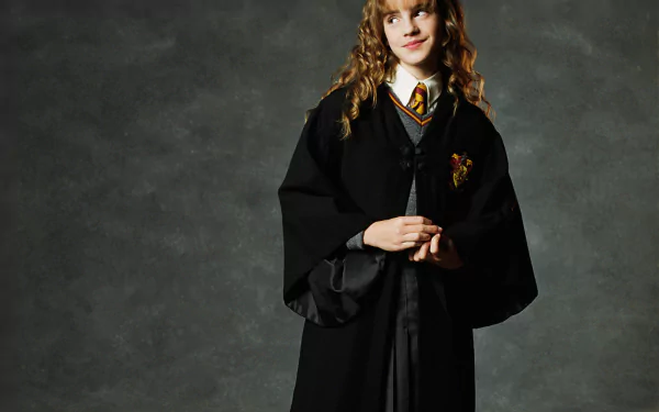 Hermione Granger, portrayed by Emma Watson, stands confidently in her Hogwarts robes, showcasing her iconic look from the Harry Potter movie series in this HD desktop wallpaper.