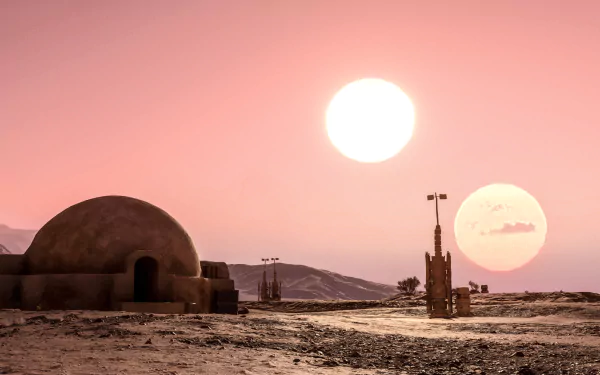 HD PC desktop wallpaper from the video game Star Wars Battlefront (2015) featuring a desert landscape with two suns setting over domed buildings.